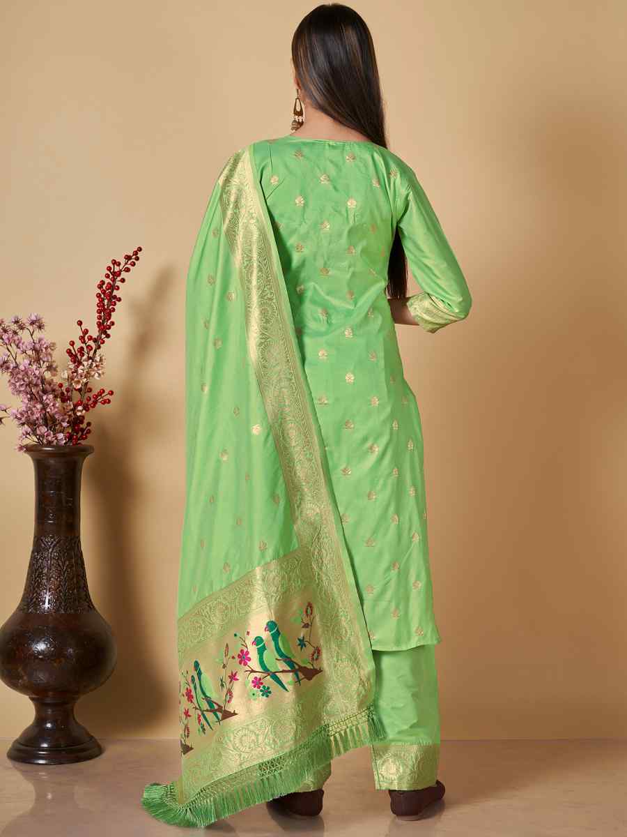 Pista Banarasi Handwoven Mehendi Festival Pant Salwar Kameez