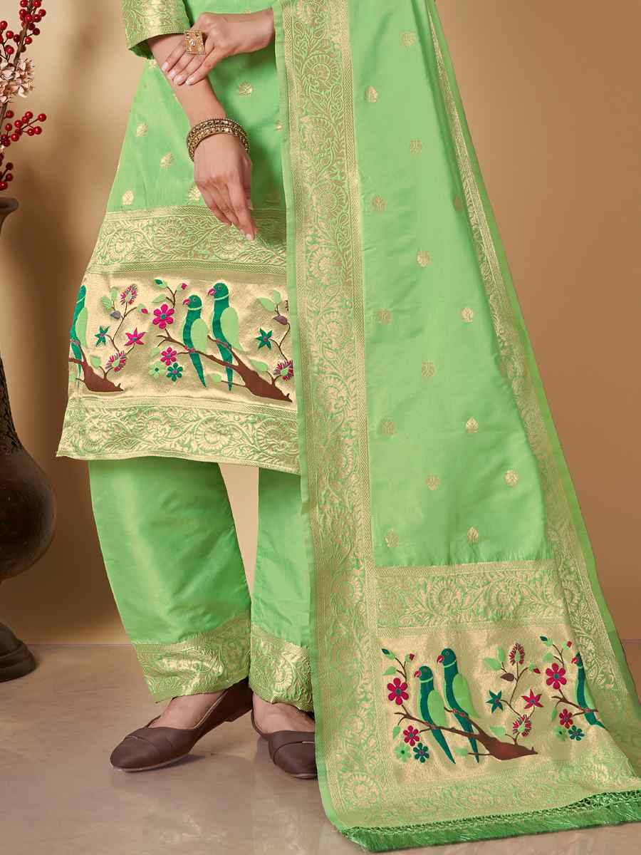 Pista Banarasi Handwoven Mehendi Festival Pant Salwar Kameez