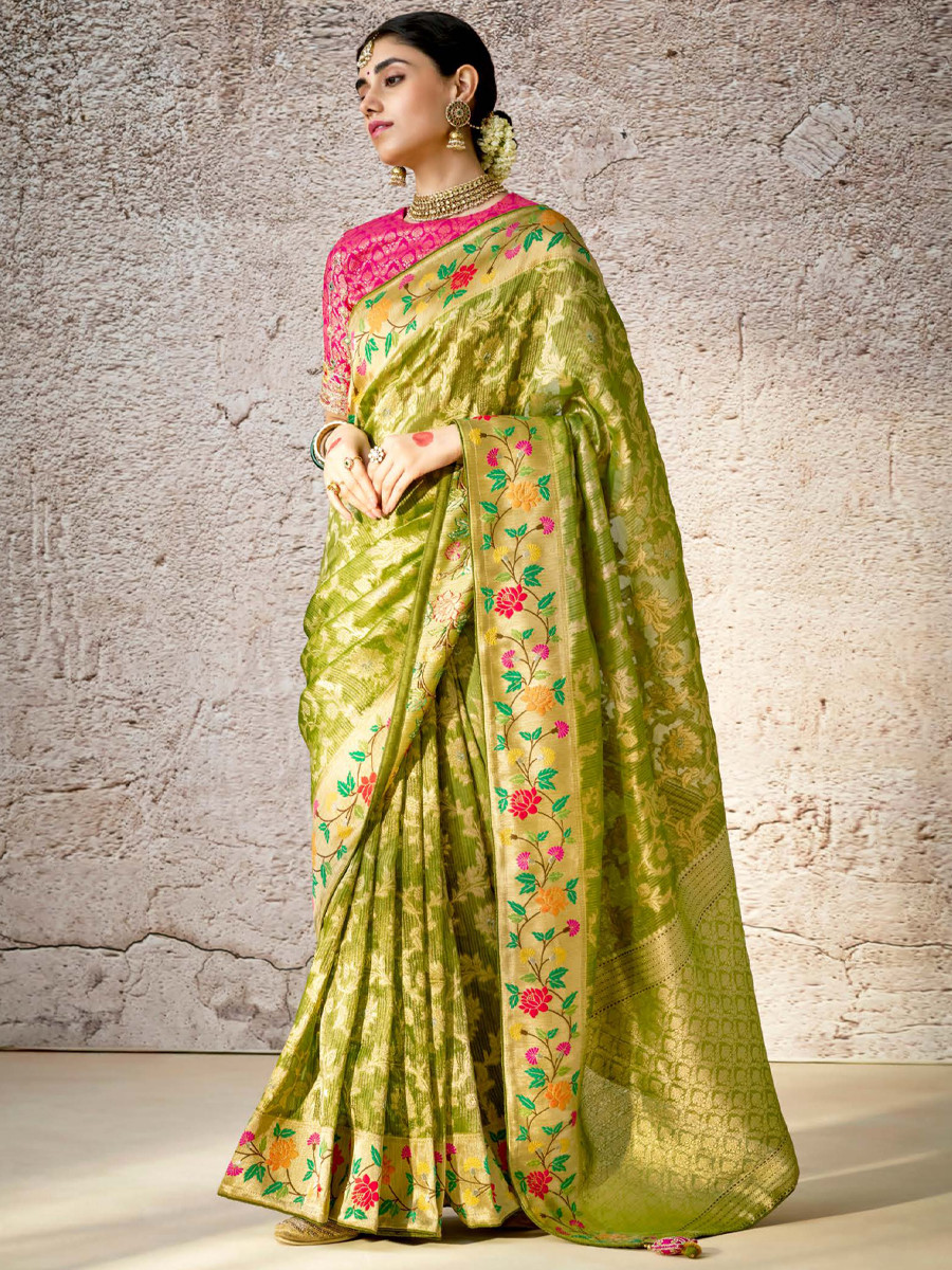 Pista Banarasi Silk Embroidered Reception Wedding Heavy Border Saree