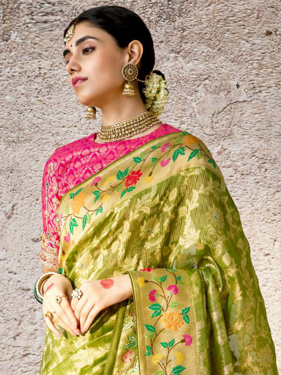 Pista Banarasi Silk Embroidered Reception Wedding Heavy Border Saree