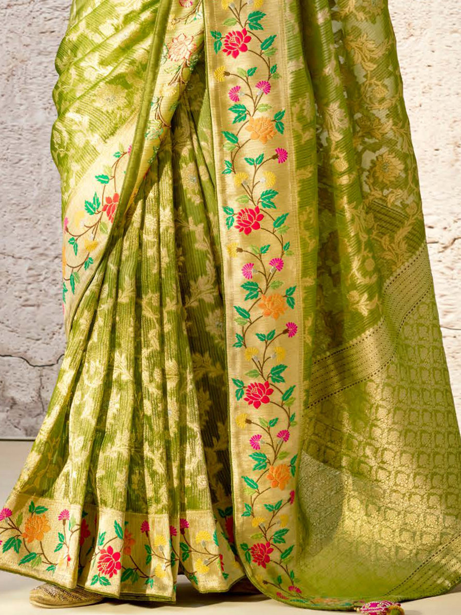 Pista Banarasi Silk Embroidered Reception Wedding Heavy Border Saree