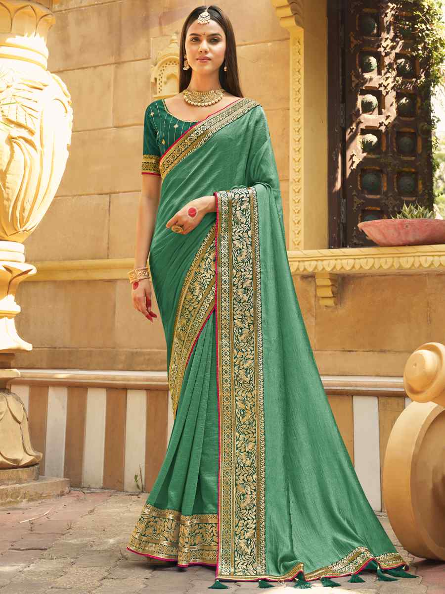 Pista Banglory Silk Embroidered Wedding Festival Heavy Border Saree