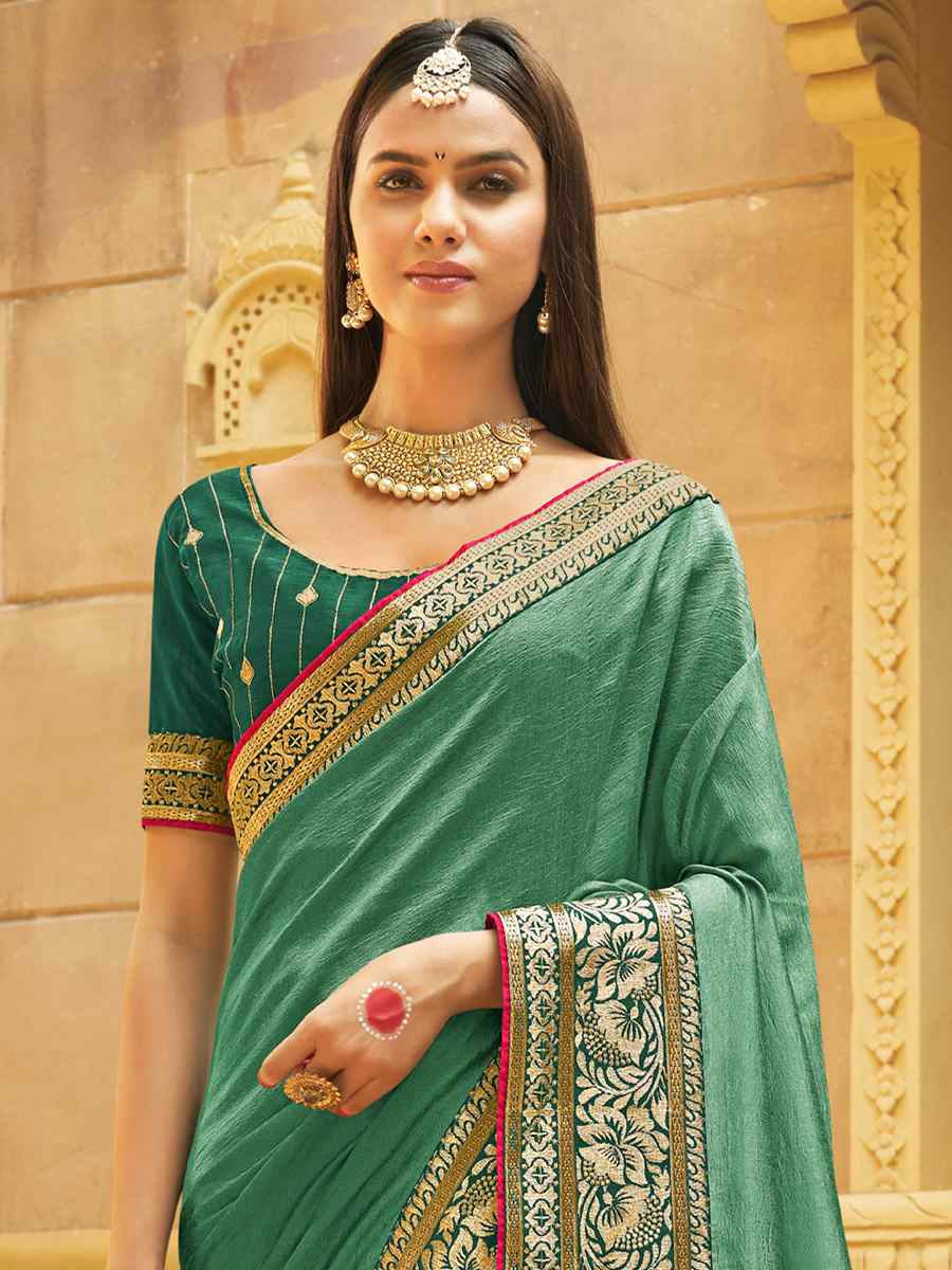 Pista Banglory Silk Embroidered Wedding Festival Heavy Border Saree