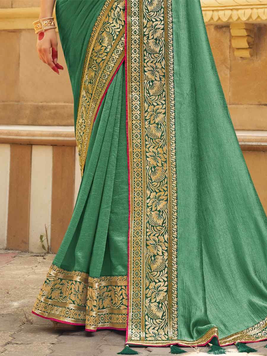 Pista Banglory Silk Embroidered Wedding Festival Heavy Border Saree