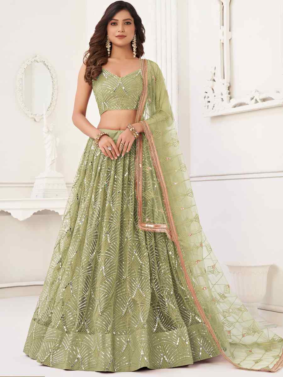 Pista Butterfly Net Embroidered Bridesmaid Wedding Heavy Border Lehenga Choli