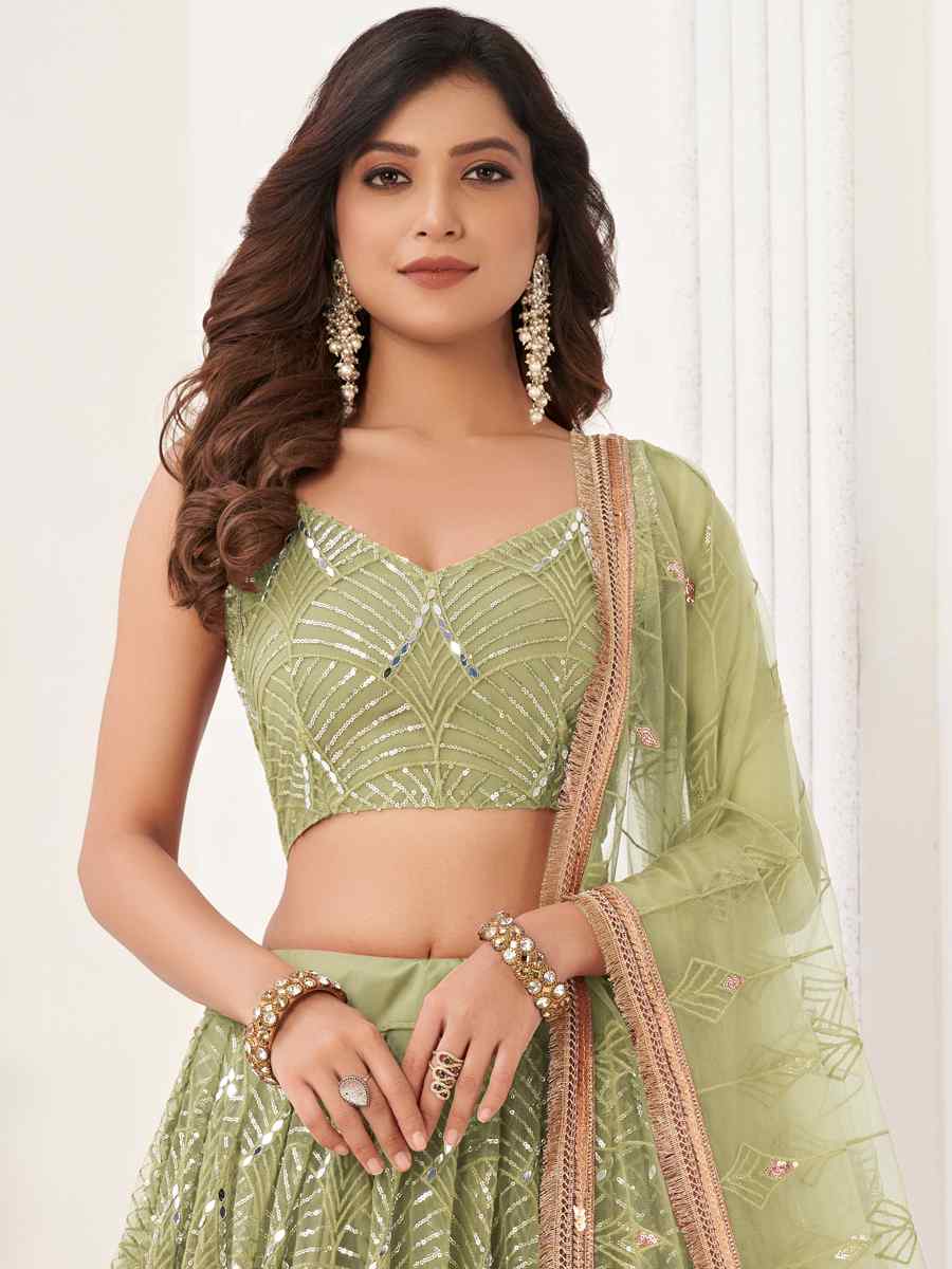 Pista Butterfly Net Embroidered Bridesmaid Wedding Heavy Border Lehenga Choli