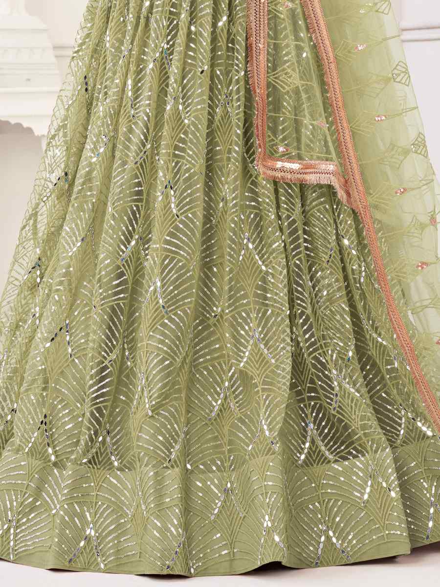 Pista Butterfly Net Embroidered Bridesmaid Wedding Heavy Border Lehenga Choli