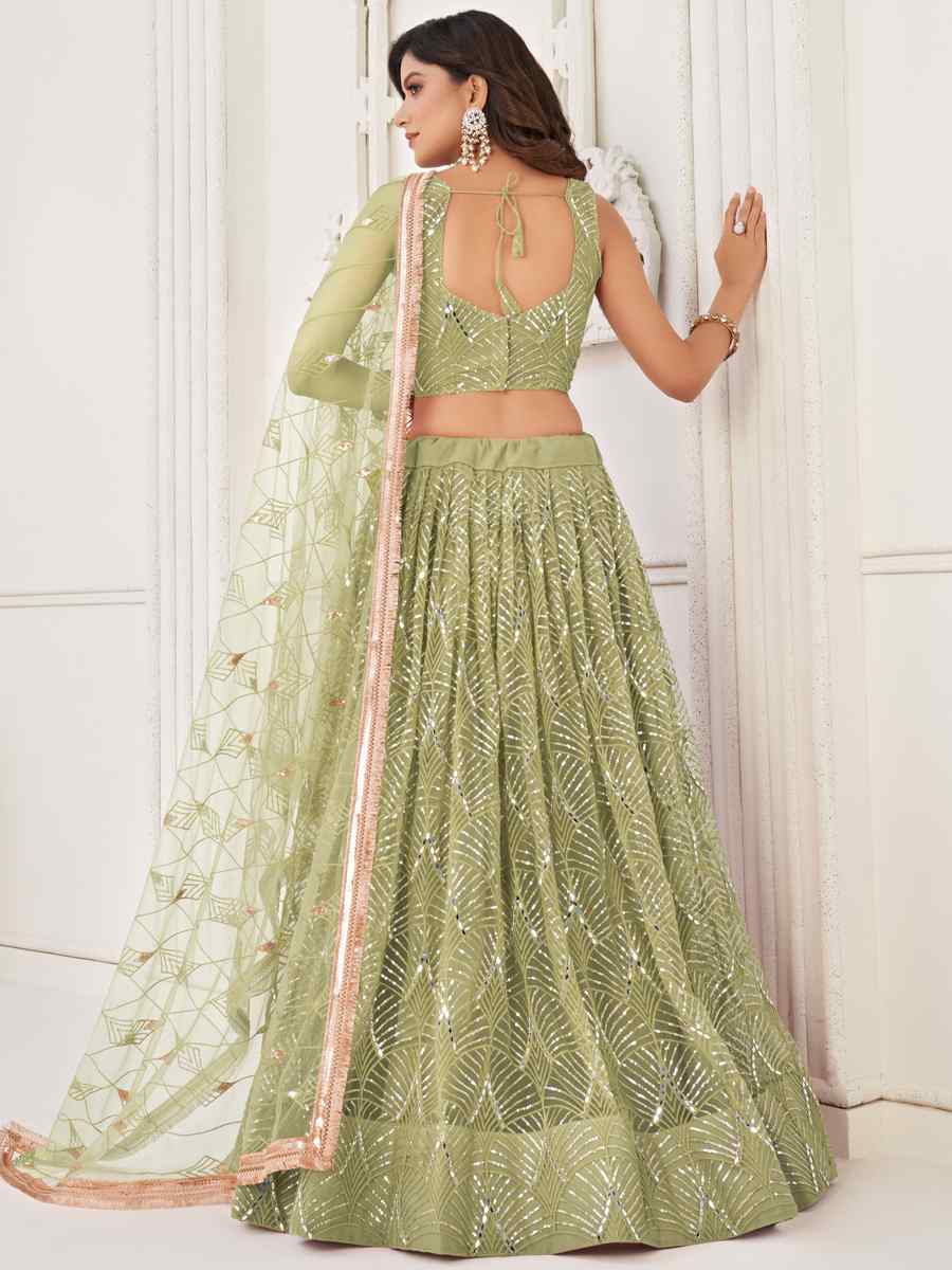 Pista Butterfly Net Embroidered Bridesmaid Wedding Heavy Border Lehenga Choli