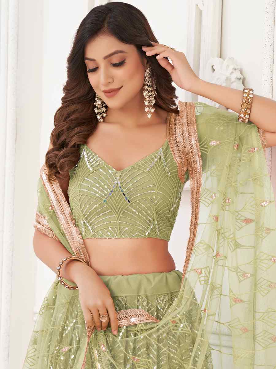 Pista Butterfly Net Embroidered Bridesmaid Wedding Heavy Border Lehenga Choli