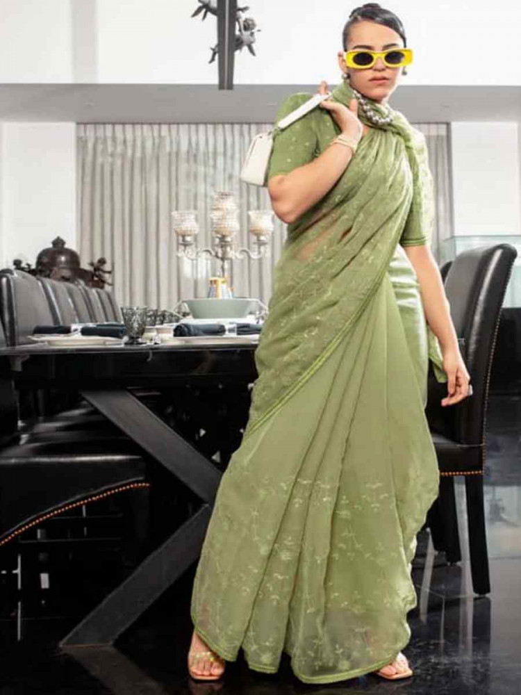 Pista Chiffon Embroidered Festival Wedding Classic Style Saree