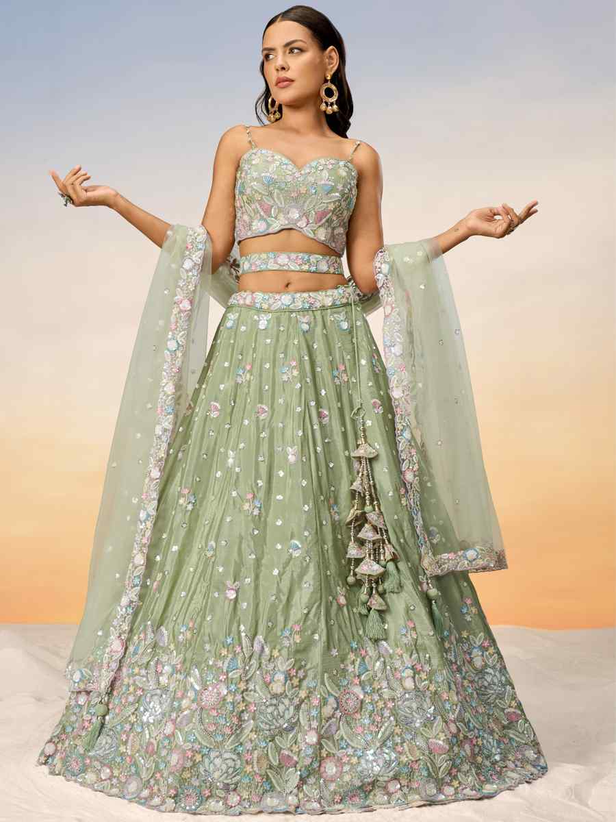 Pista Chiffon Embroidery Reception Party Wear Heavy Border Lehenga Choli