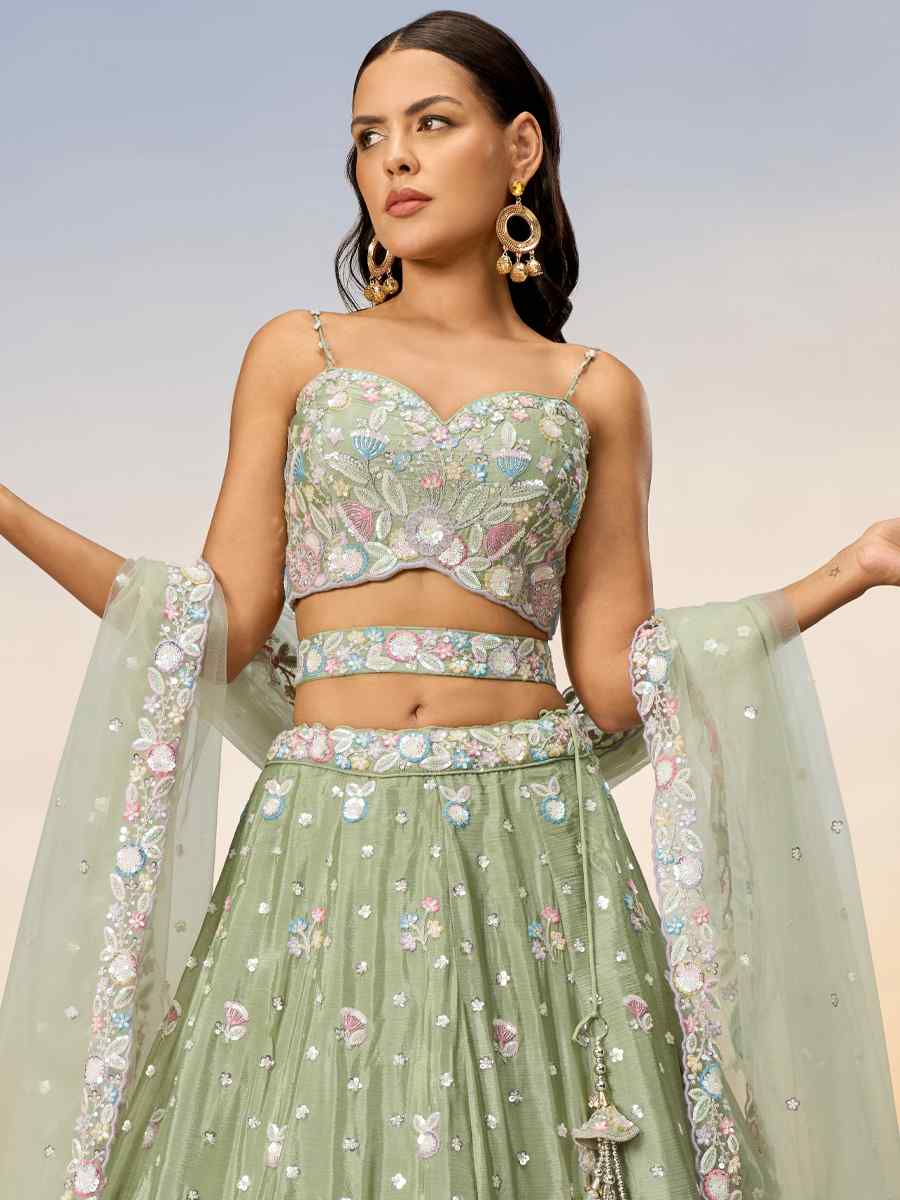 Pista Chiffon Embroidery Reception Party Wear Heavy Border Lehenga Choli