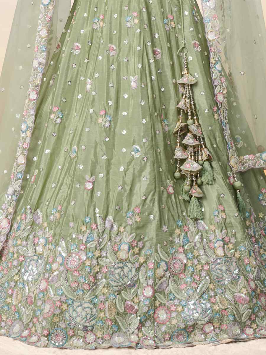 Pista Chiffon Embroidery Reception Party Wear Heavy Border Lehenga Choli