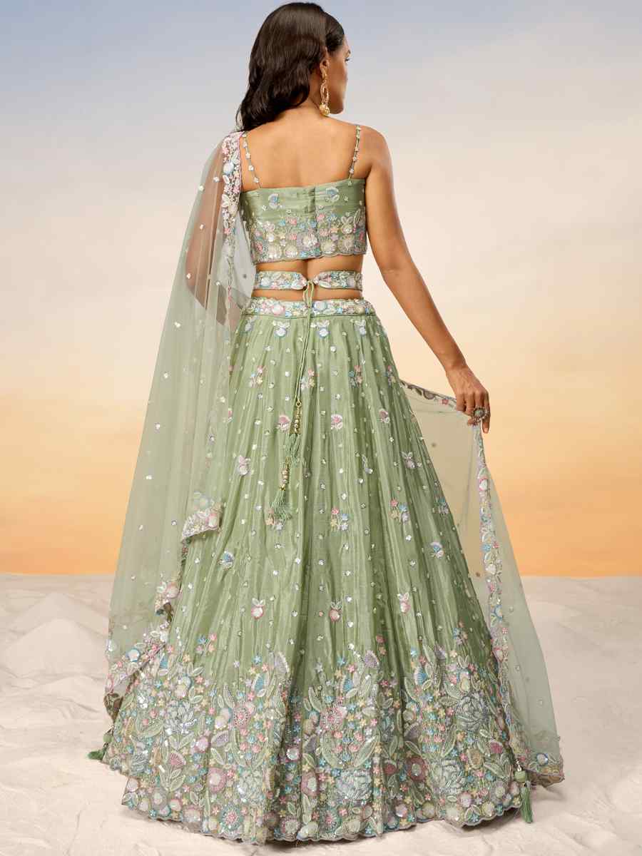 Pista Chiffon Embroidery Reception Party Wear Heavy Border Lehenga Choli