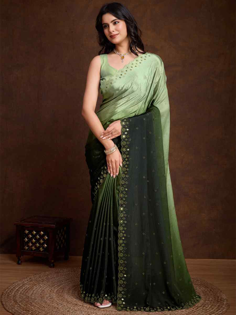 Pista Chinon Embroidered Festival Party Classic Style Saree