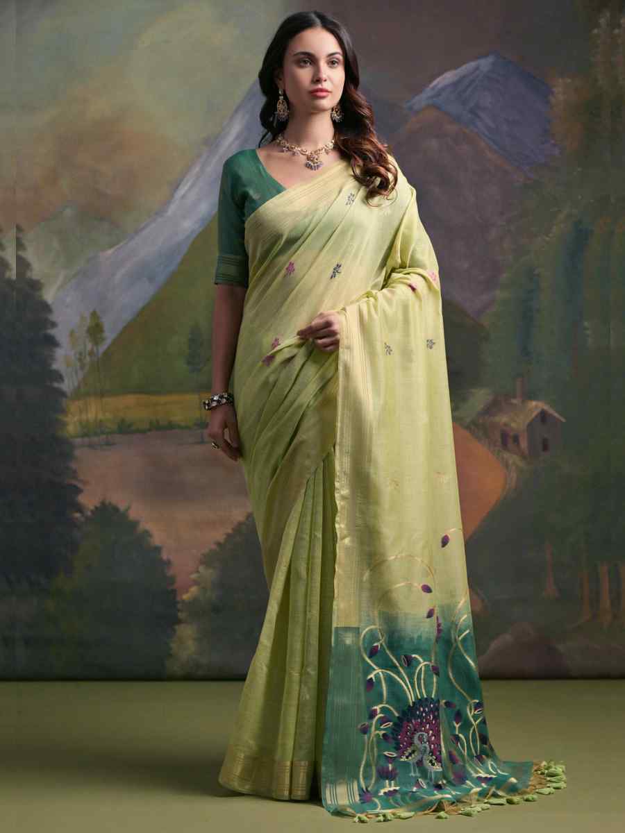 Pista Cotton Handwoven Festival Casual Classic Style Saree