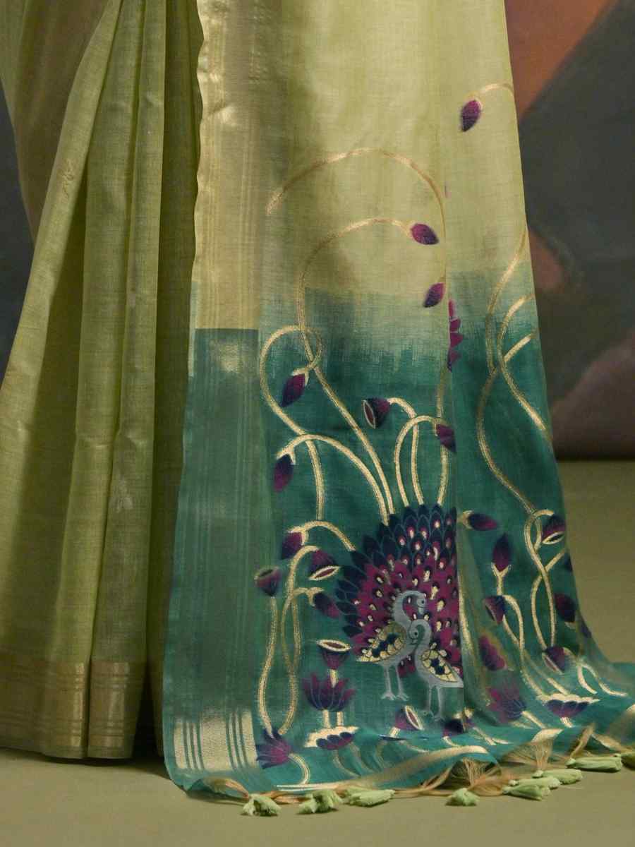 Pista Cotton Handwoven Festival Casual Classic Style Saree