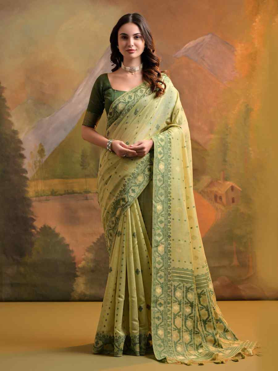 Pista Cotton Handwoven Festival Wedding Heavy Border Saree