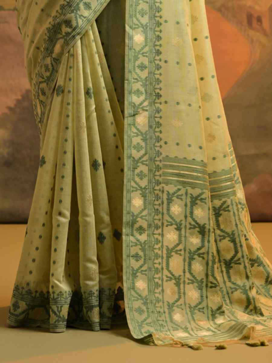 Pista Cotton Handwoven Festival Wedding Heavy Border Saree