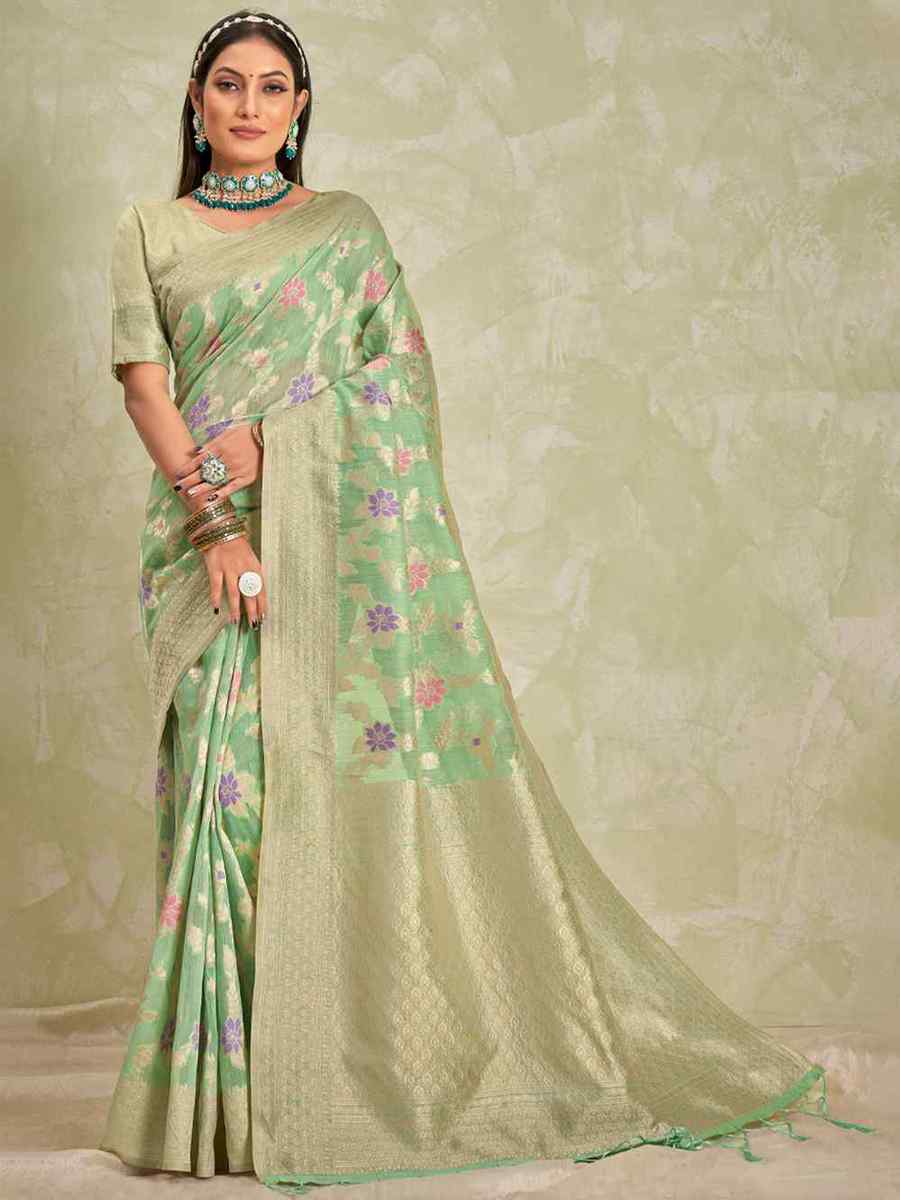 Pista Cotton Handwoven Wedding Festival Heavy Border Saree