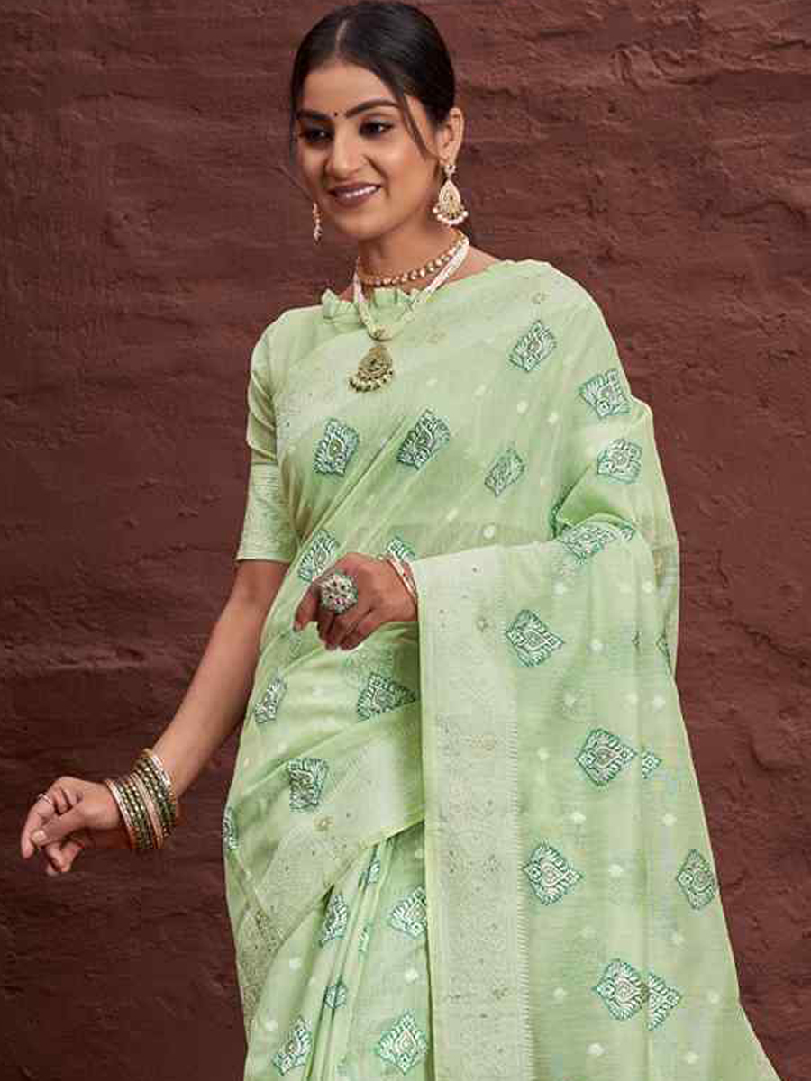 Pista Cotton Handwoven Wedding Festival Heavy Border Saree