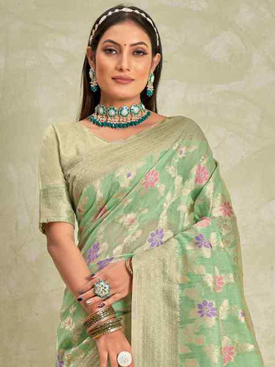 Pista Cotton Handwoven Wedding Festival Heavy Border Saree