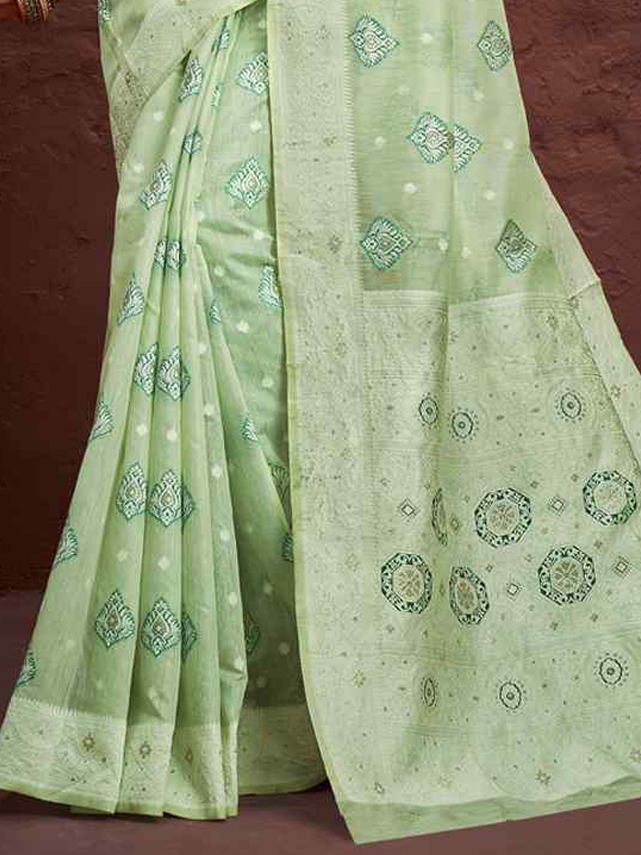 Pista Cotton Handwoven Wedding Festival Heavy Border Saree