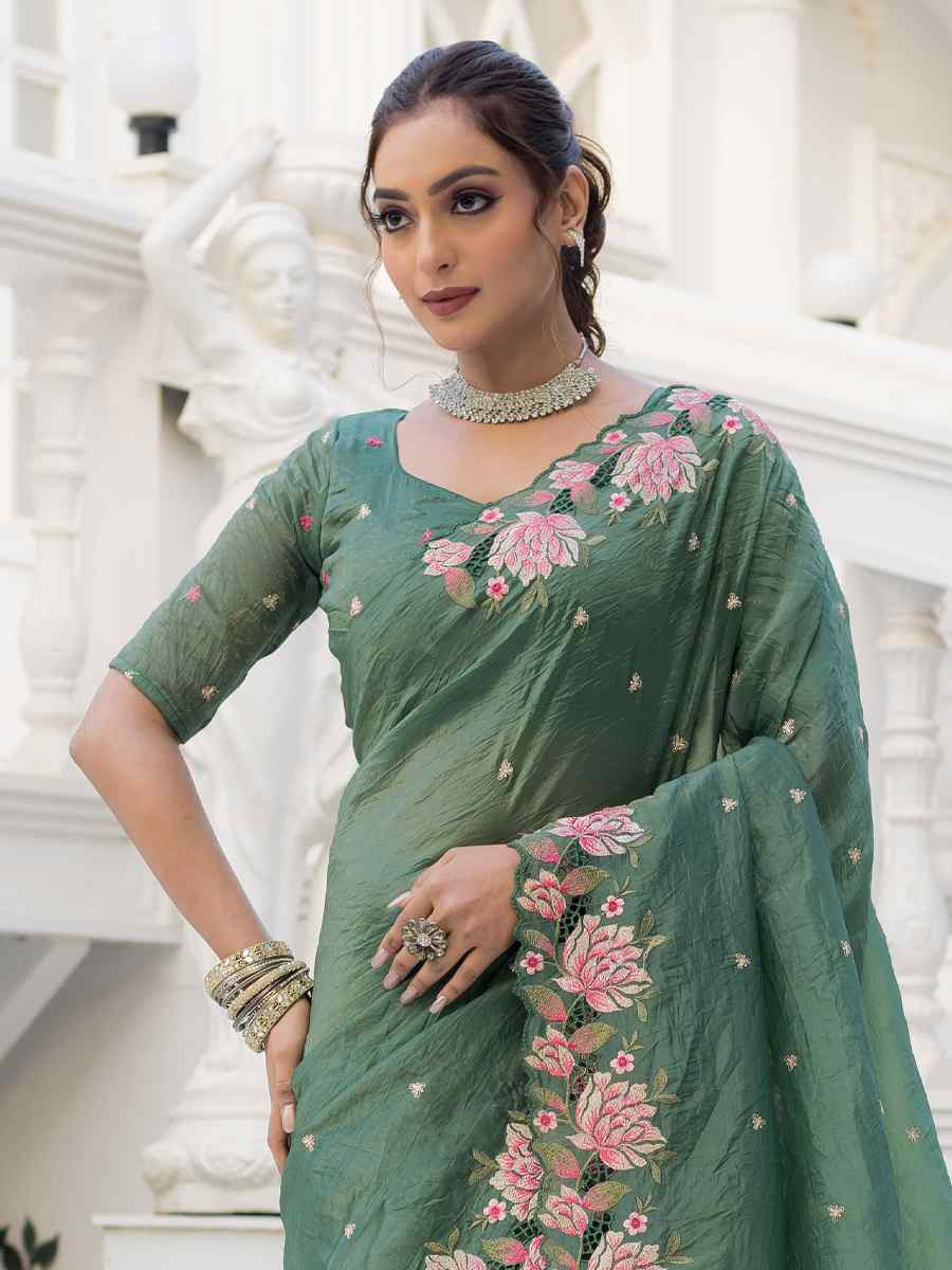 Pista Crush Silk Handwoven Festival Wedding Heavy Border Saree