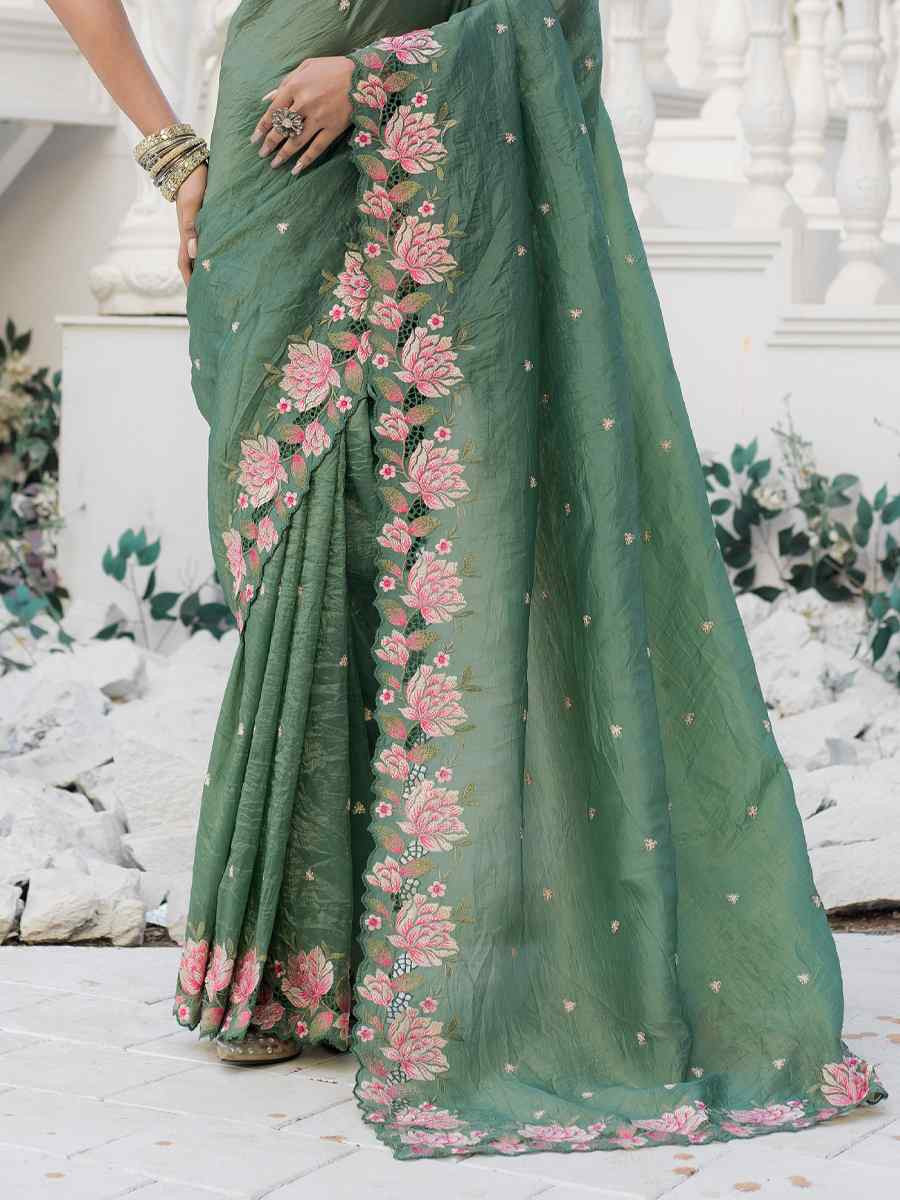 Pista Crush Silk Handwoven Festival Wedding Heavy Border Saree