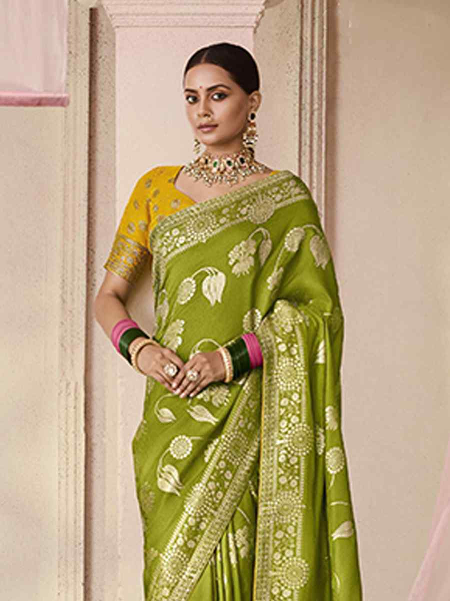 Pista Dola Viscose Silk Handwoven Festival Wedding Heavy Border Saree