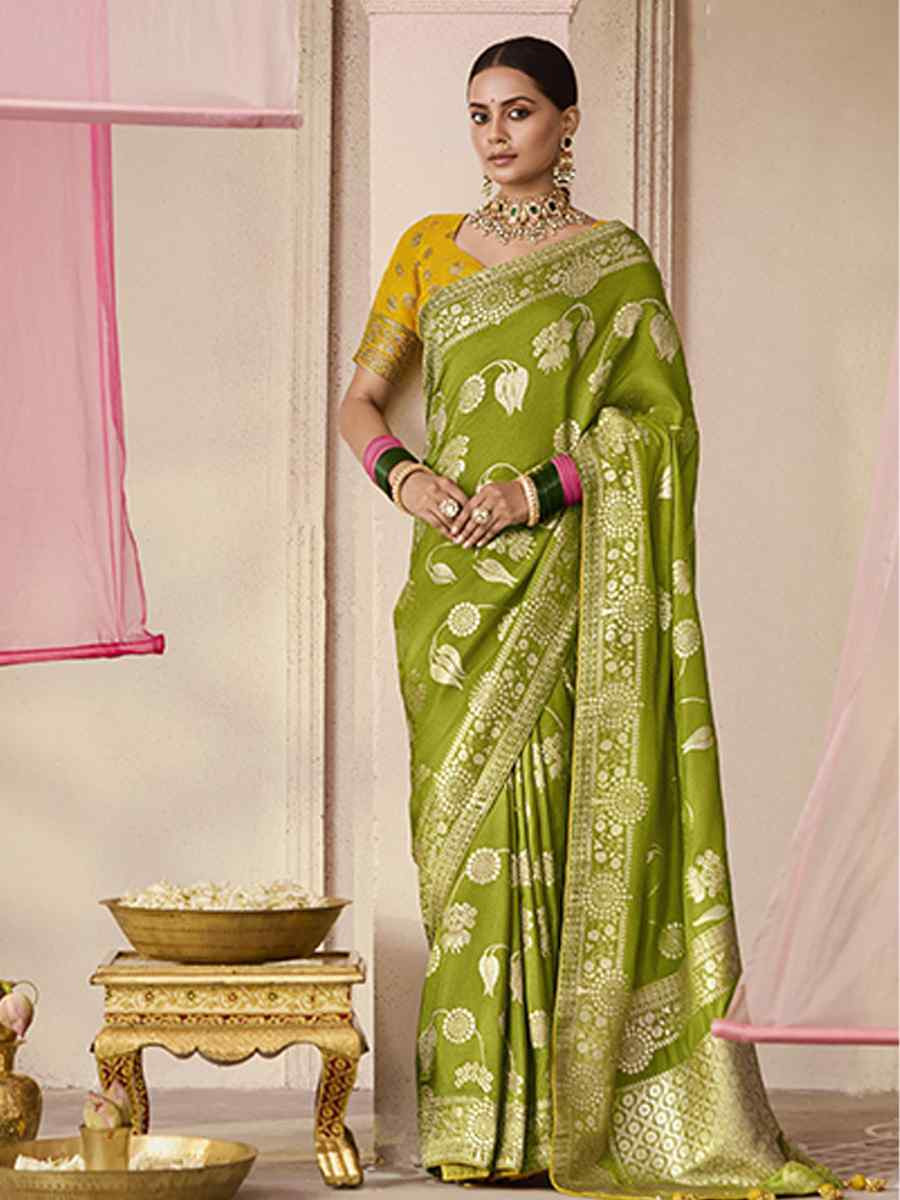 Pista Dola Viscose Silk Handwoven Festival Wedding Heavy Border Saree