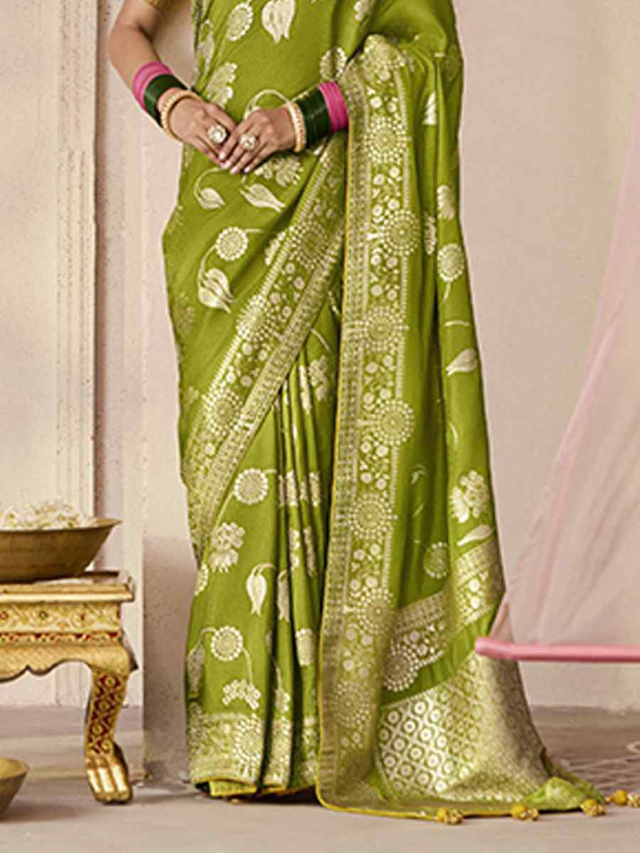 Pista Dola Viscose Silk Handwoven Festival Wedding Heavy Border Saree