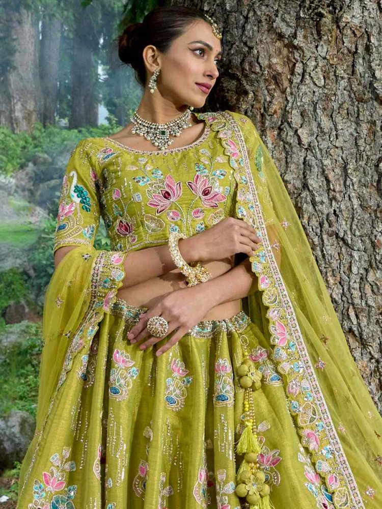 Embroidered Georgette Lehenga in Yellow and Teal Green : LCC1908