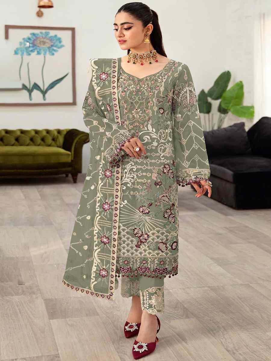 Pista Faux Georgette Embroidered Festival Mehendi Pant Salwar Kameez