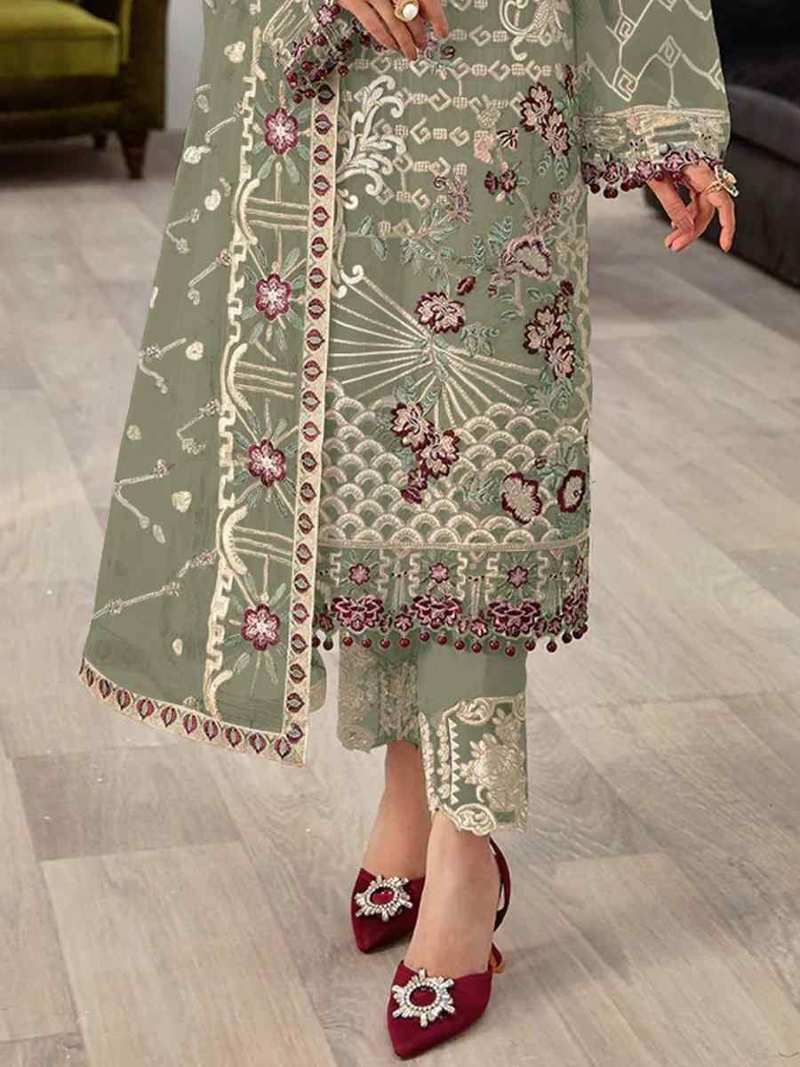 Pista Faux Georgette Embroidered Festival Mehendi Pant Salwar Kameez