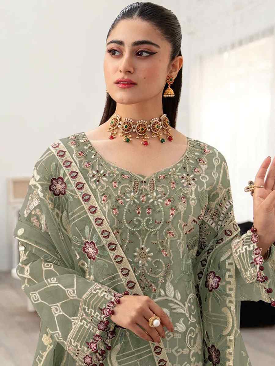 Pista Faux Georgette Embroidered Festival Mehendi Pant Salwar Kameez