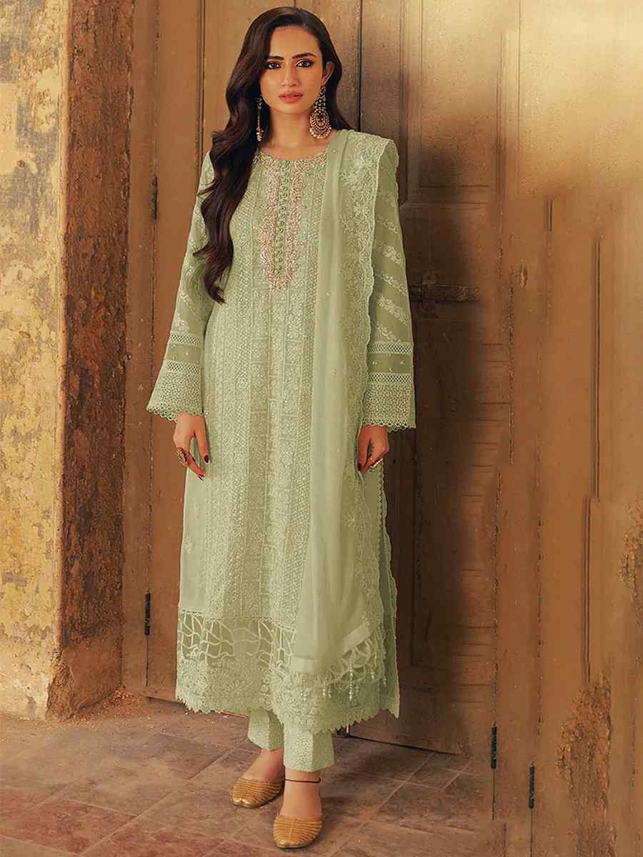 Pista Faux Georgette Embroidered Festival Wedding Pant Salwar Kameez