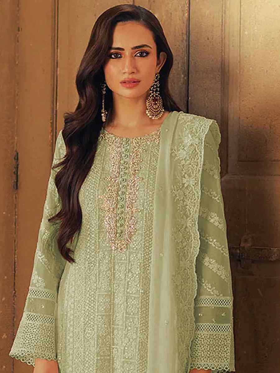 Pista Faux Georgette Embroidered Festival Wedding Pant Salwar Kameez