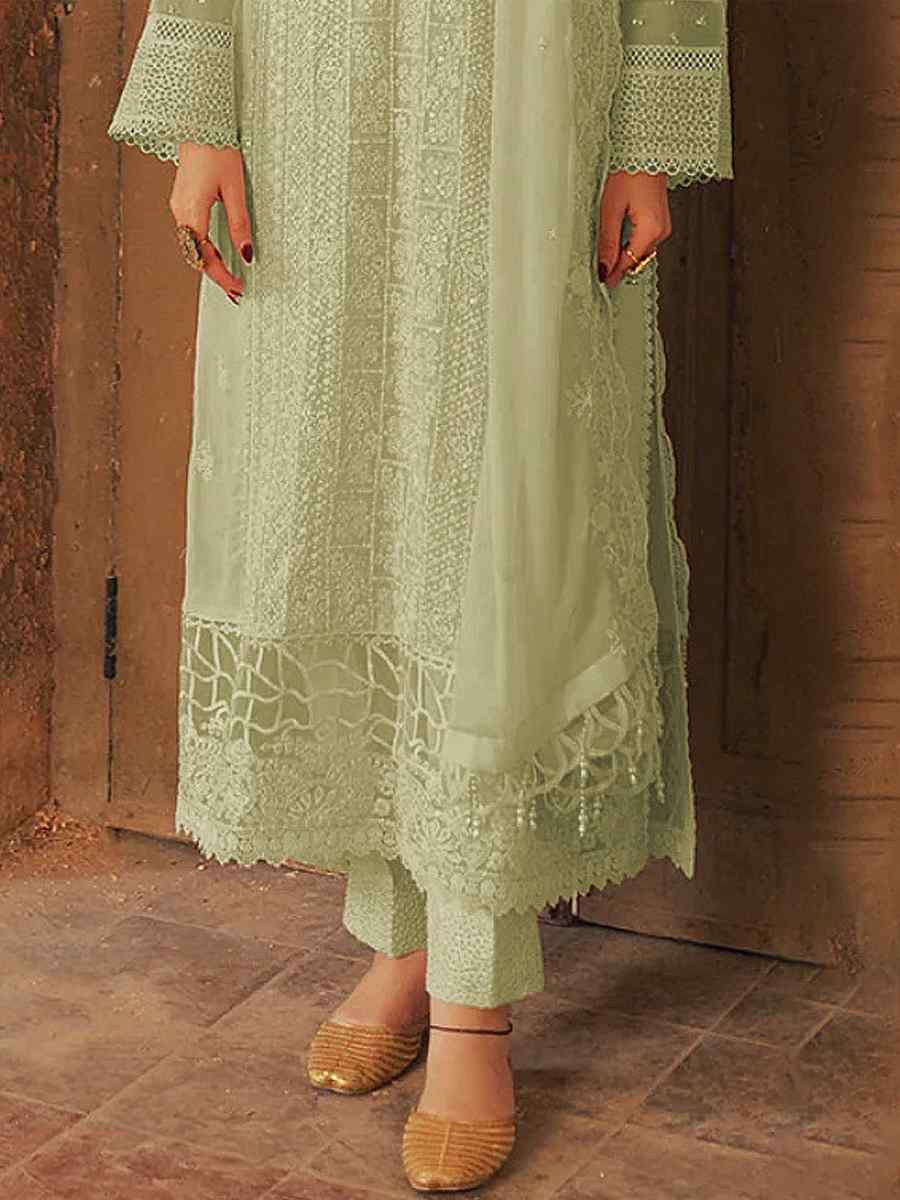 Pista Faux Georgette Embroidered Festival Wedding Pant Salwar Kameez