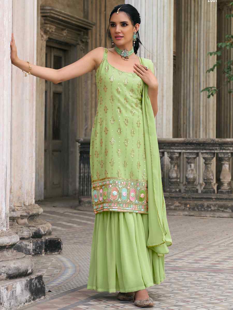 Pista Faux Georgette Embroidered Wedding Festival Sharara Pant Salwar Kameez