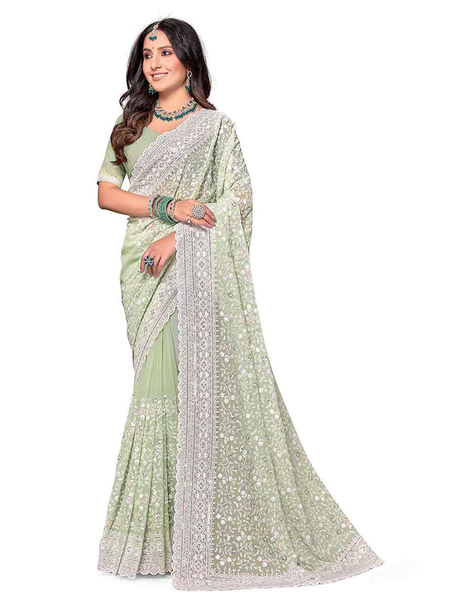 Pista Georgette Embroidered Bridesmaid Wedding Heavy Border Saree