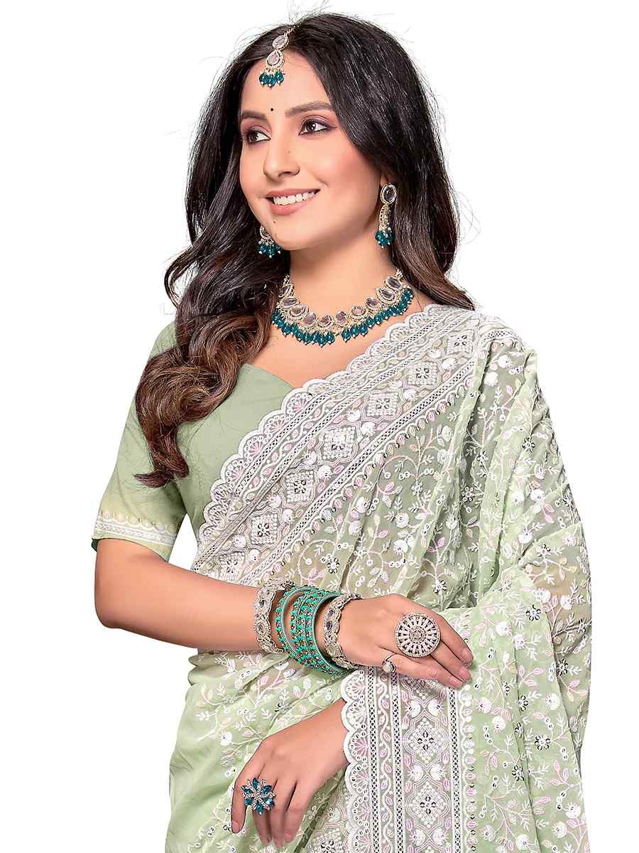 Pista Georgette Embroidered Bridesmaid Wedding Heavy Border Saree