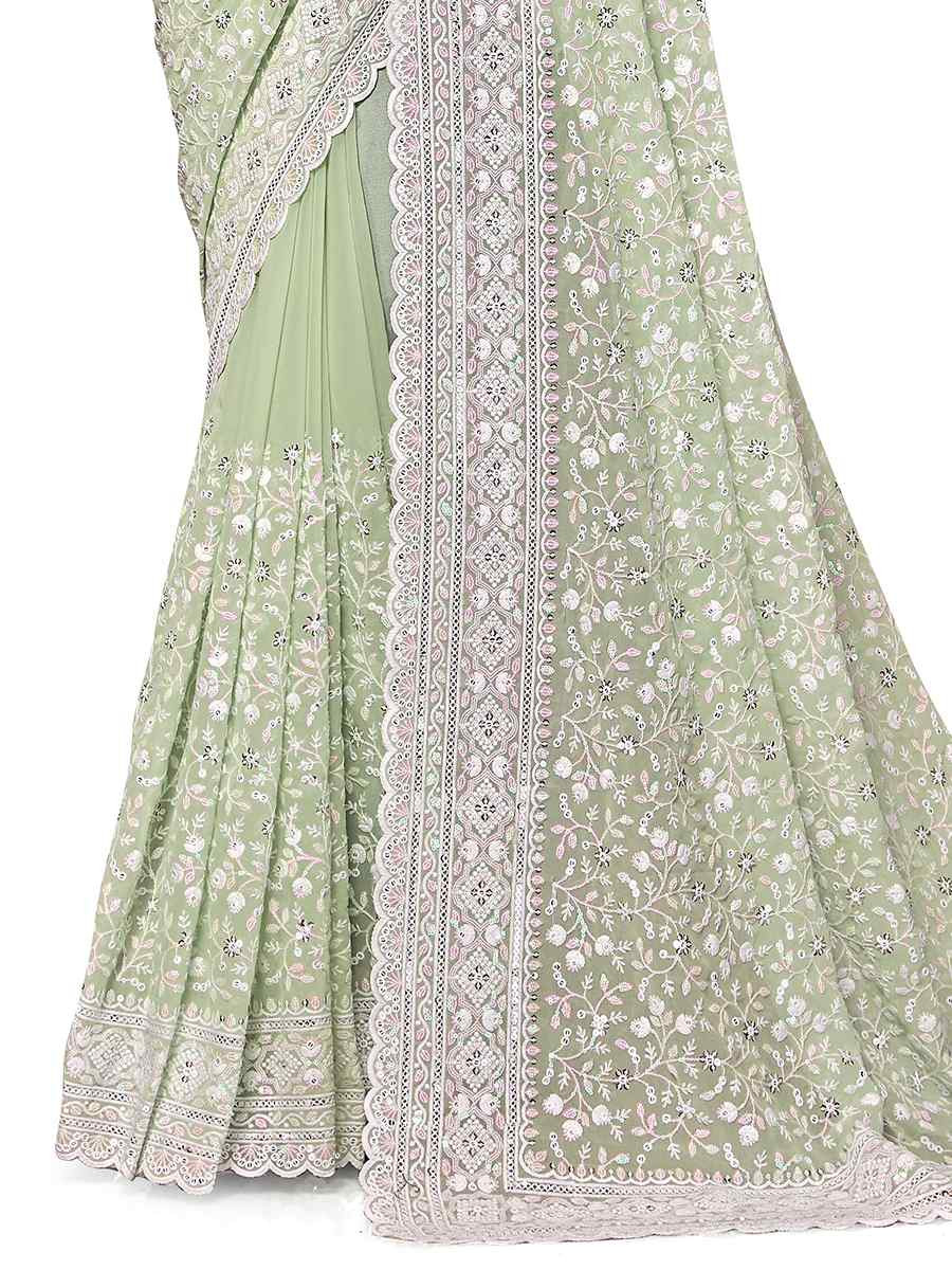 Pista Georgette Embroidered Bridesmaid Wedding Heavy Border Saree