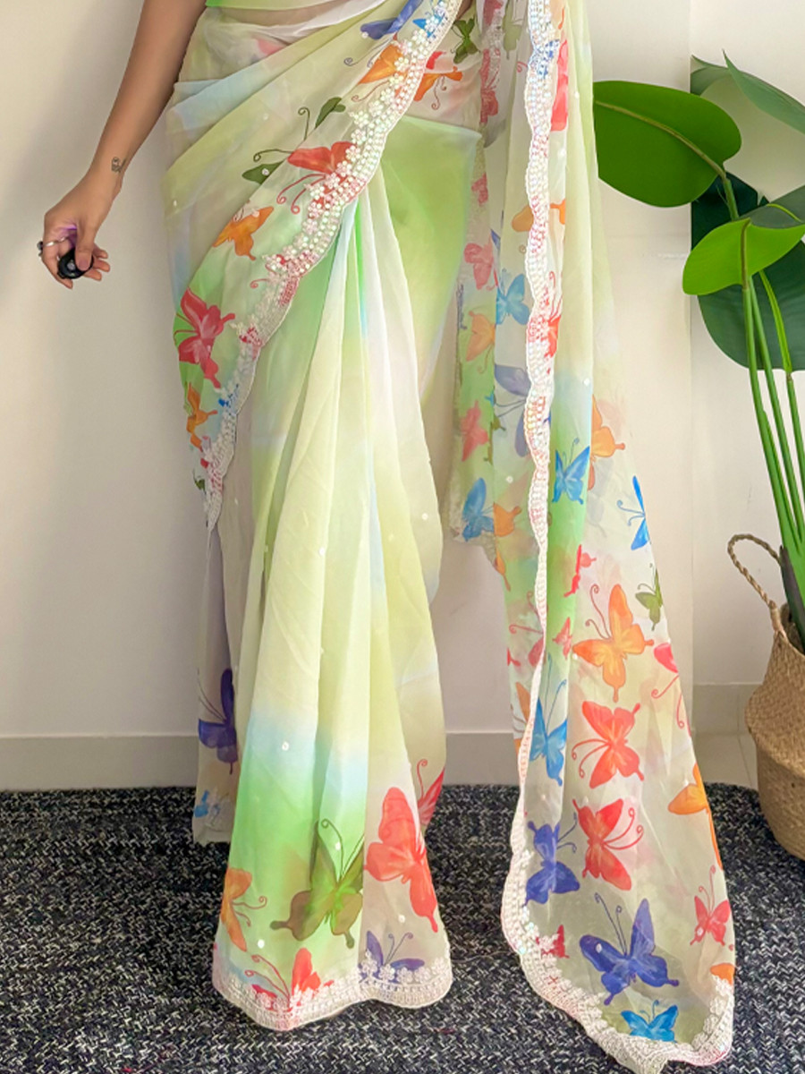 Pista Georgette Handwoven Festival Wedding Classic Style Saree