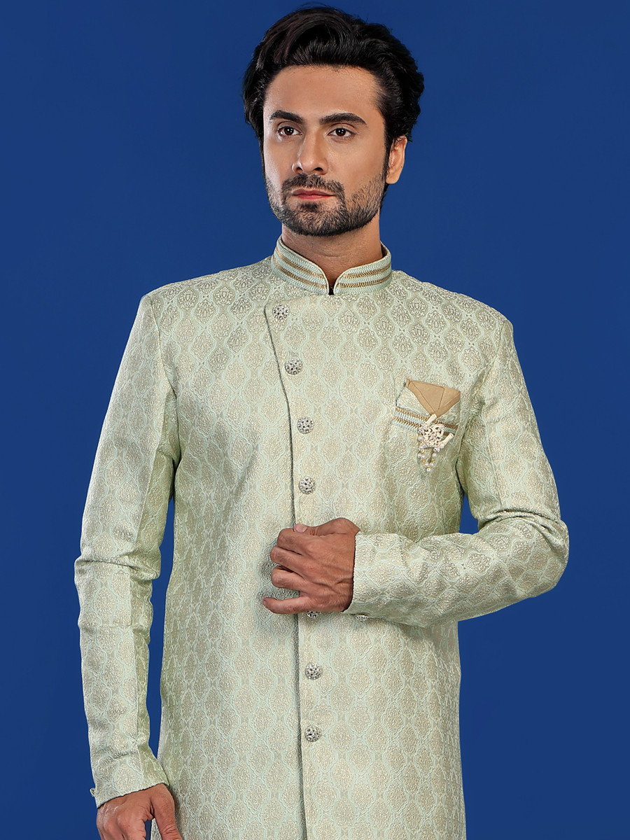 Pista Green Art Silk Embroidered Party Wedding Kurta