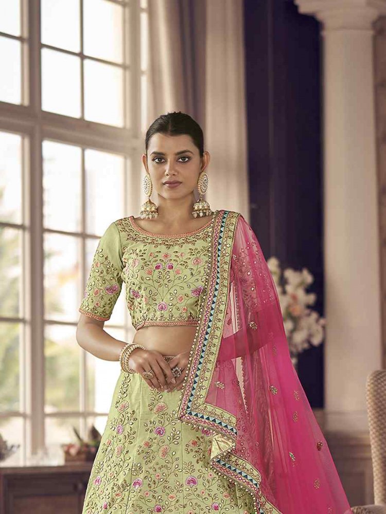 Buy Women Pista Green Tiered Lehenga Set With Contrast Embroidered Blouse  And Dupatta - Ready To Wear Lehengas - Indya