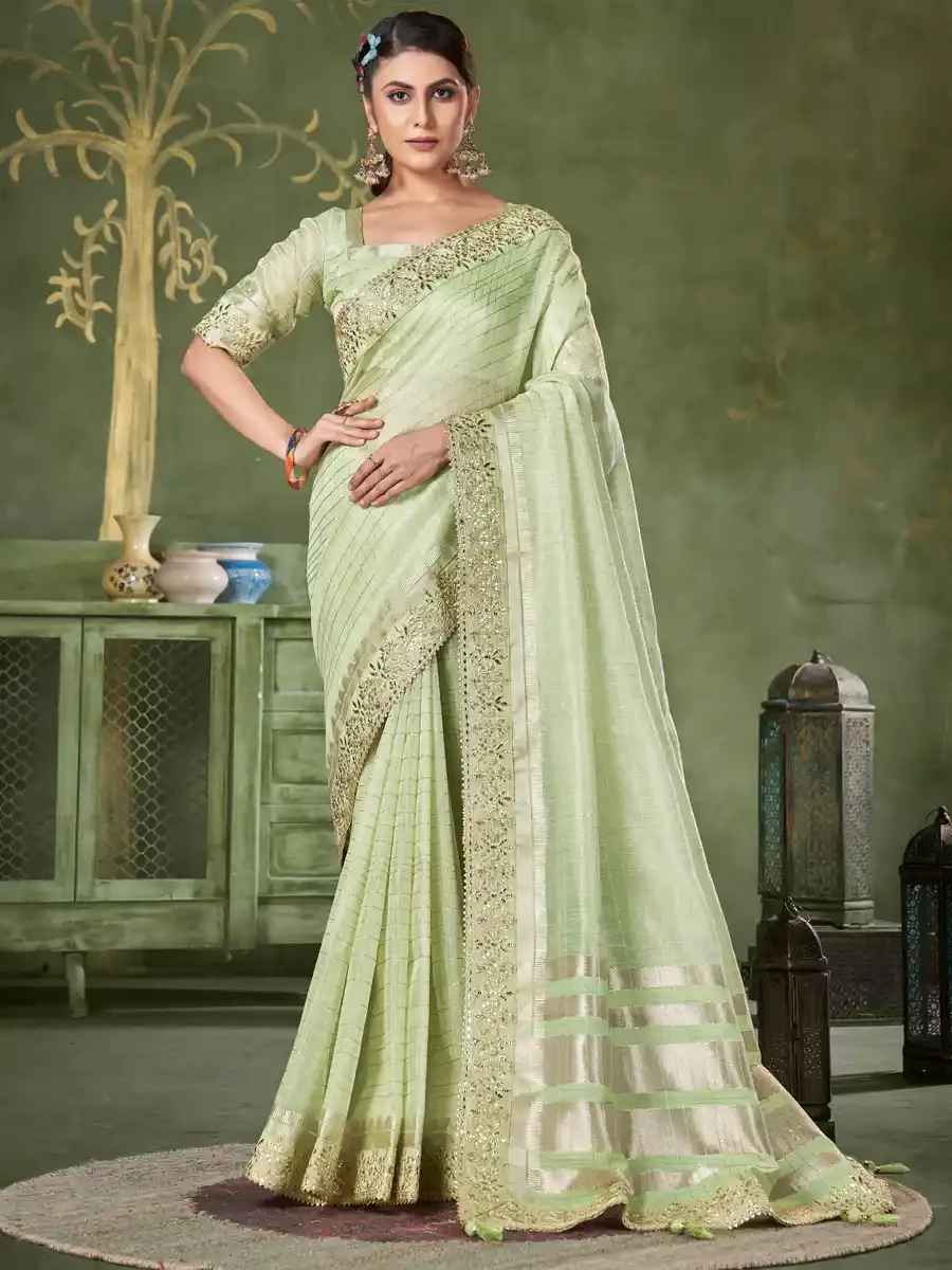 Pista Green Banarasi Linen Embroidered Festival Party Heavy Border Saree