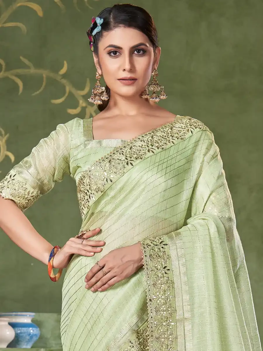 Pista Green Banarasi Linen Embroidered Festival Party Heavy Border Saree