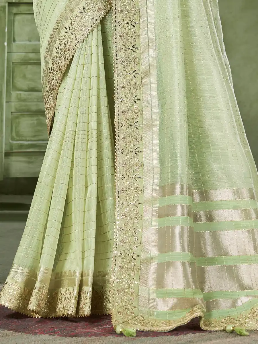 Pista Green Banarasi Linen Embroidered Festival Party Heavy Border Saree