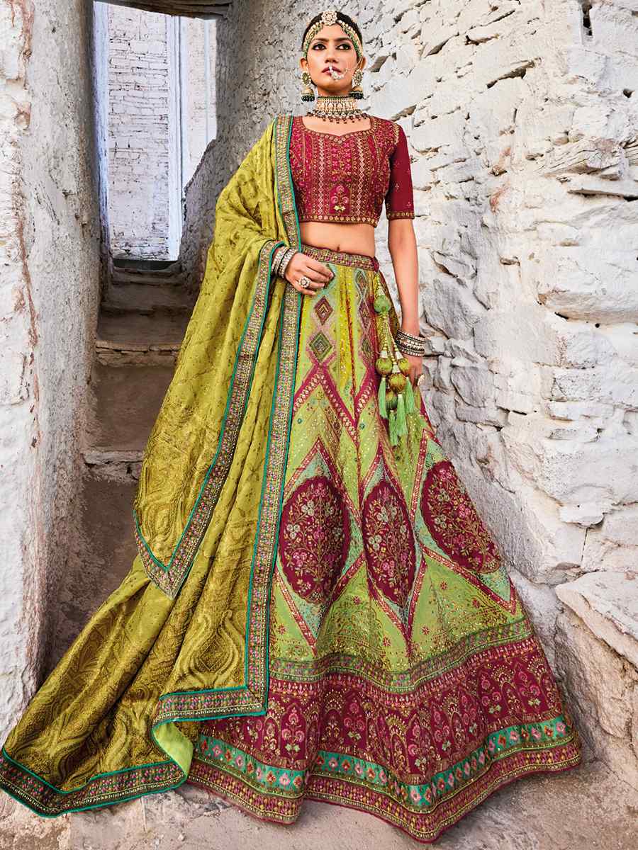 Pista Green Banarasi Silk Jacquard Embroidered Bridal Wedding Heavy Border Lehenga Choli